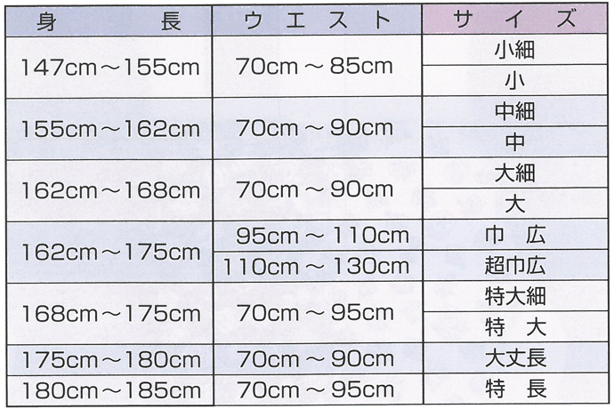 全商品のサイズ表